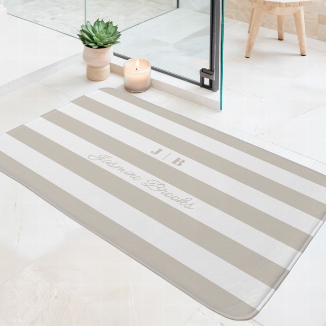 Beige and White Wide Stripes Monogram Name Bath Mat (Creator Uploaded)
