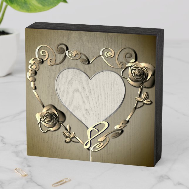 Beige Anniversary Rose Heart Frame 1 Photo Wooden Box Sign (In Situ Horizontal)