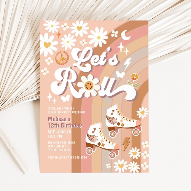 Beige ANY AGE Let's Roll Retro Groovy Birthday Invitation (Creator Uploaded)