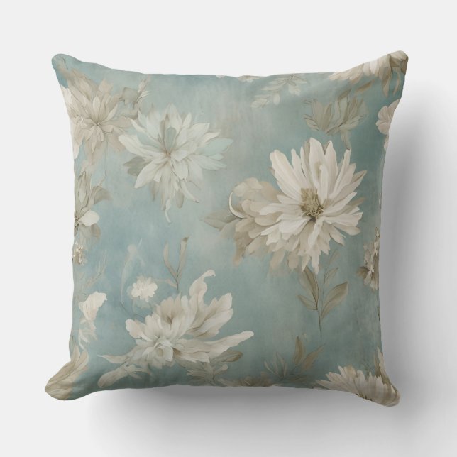 Beige Aqua Blue Brown Floral Throw Pillow (Front)
