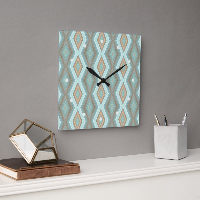 Beige Aqua Turquoise Mint Green Squares Art Square Wall Clock (Office)