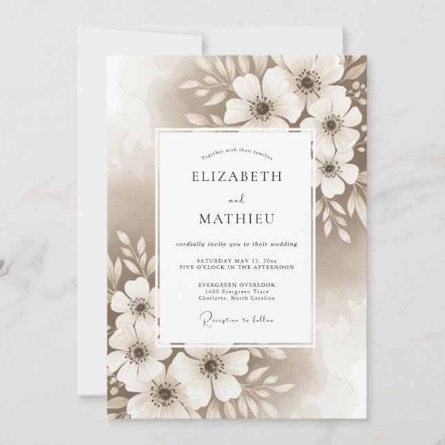 Beige Artistic Floral Flourish Wedding Invitation (Front)