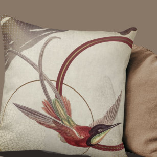 Beige Artistic Hummingbird Design   Maroon Throw Pillow