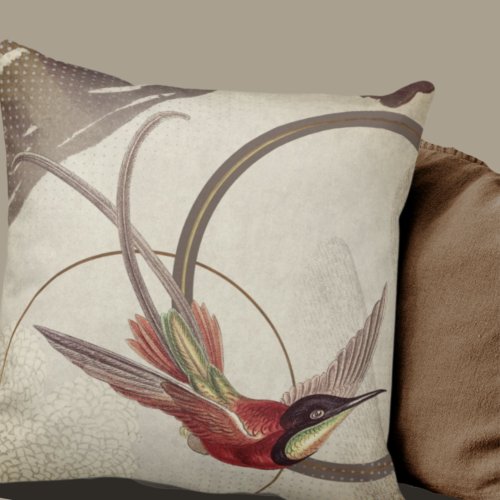 Beige Artistic Hummingbird Design  Taupe Throw Pillow