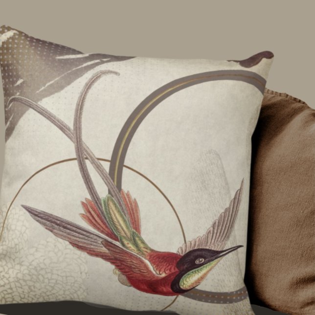 Beige Artistic Hummingbird Design | Taupe Throw Pillow (Creator Uploaded)