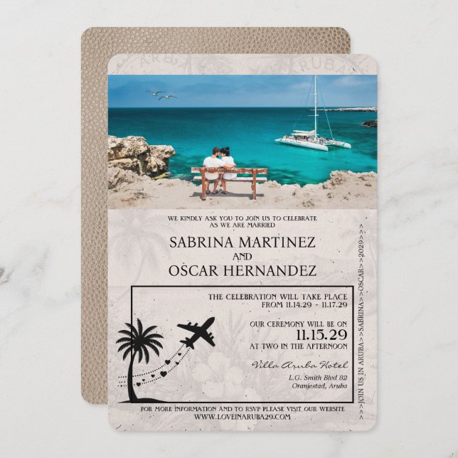 Beige Aruba Passport Wedding Invitation (Front/Back)