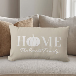 Beige Autumn Home White Pumpkin Custom Family Name Lumbar Pillow