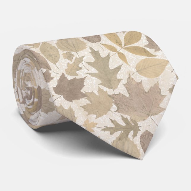 Beige Autumn Leaves with Damask Neck Tie (Rolled)