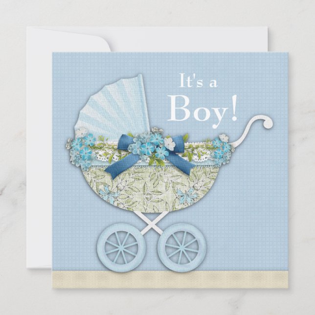 Beige Baby Blue Baby Carriage Boy Shower Invitation (Front)