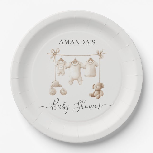 Beige Baby Clothes And Toys Baby Shower Paper Plates (Front)
