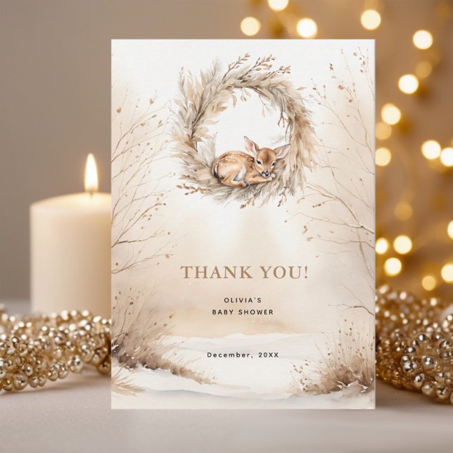 Beige Baby Deer Snow Baby Shower Thank You Card (Creator Uploaded)