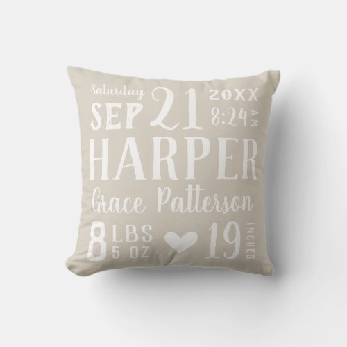 Beige Baby Girl Birth Stats  Editable Colors Throw Pillow