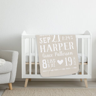 Beige Baby Girl Birth Stats Keepsake Blanket