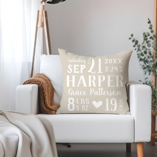 Beige Baby Girl Birth Stats Keepsake Throw Pillow