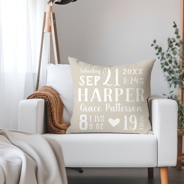 Beige Baby Girl Birth Stats Keepsake Throw Pillow (Creator Uploaded)