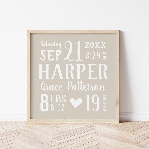 Beige Baby Name and Birth Stats  Editable Colors Poster
