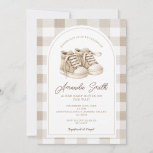 Beige Baby Shoes Gingham Boy Booties Baby Shower Invitation