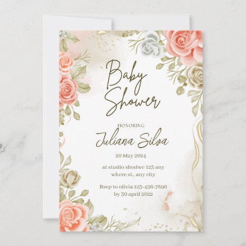 beige baby shower floral Flat Announcement Card