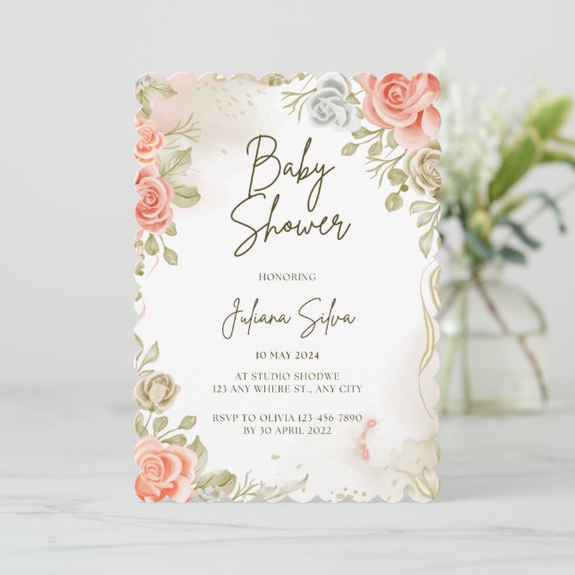 Beige Baby Shower Floral Invitation (Standing Front)