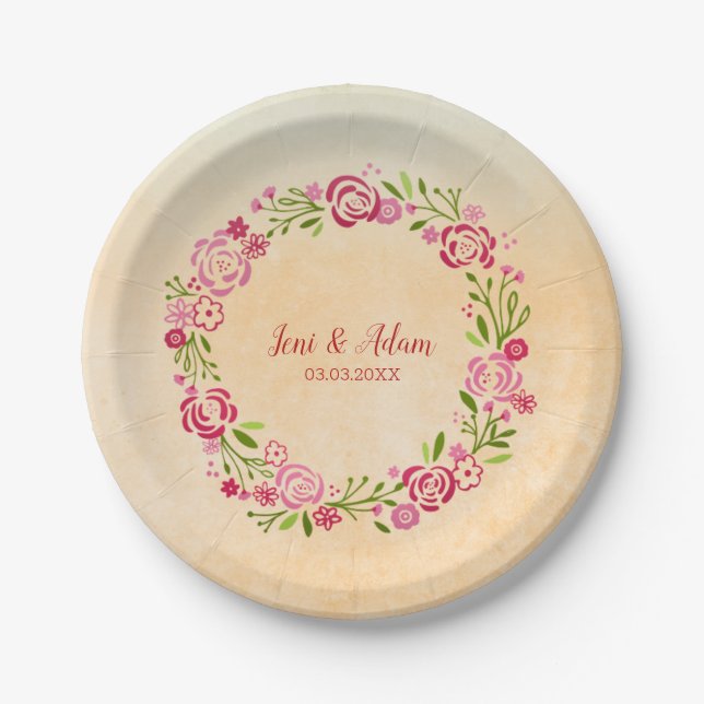 Beige Background And Floral Wreath Paper Plates (Front)