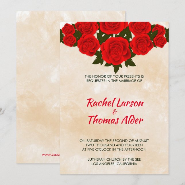 Beige Background And Red Roses Wedding Invitation (Front/Back)