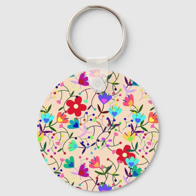 Beige Background Colorful Floral Pattern Keychain (Front)
