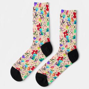 Beige Background Colorful Floral Pattern Socks