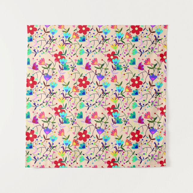 Beige Background Colorful Floral Pattern Tapestry (Front)