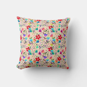 Beige Background Colorful Floral Pattern Throw Pillow