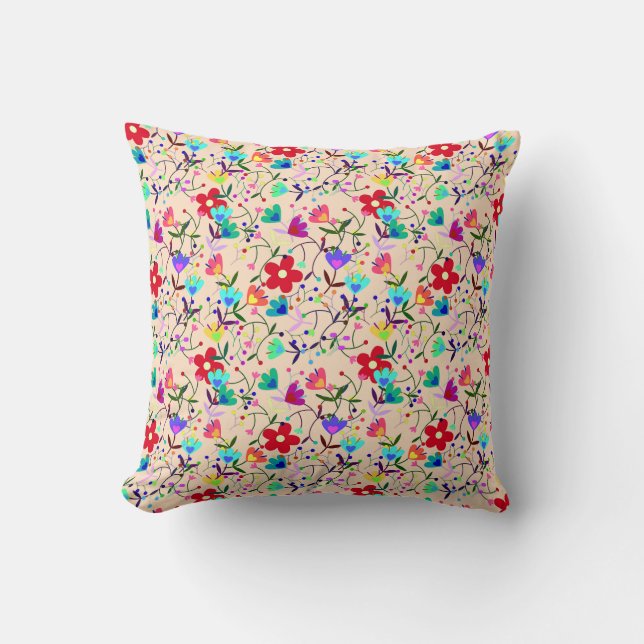 Beige Background Colorful Floral Pattern Throw Pillow (Front)