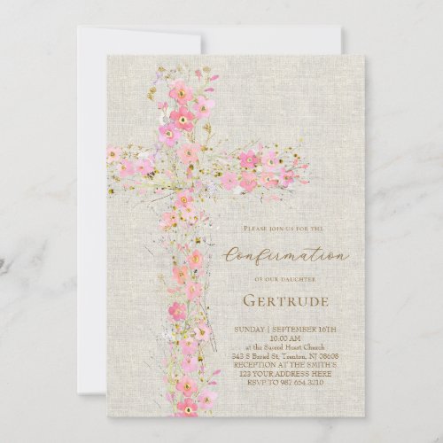beige background pink flowers cross Confirmation Invitation