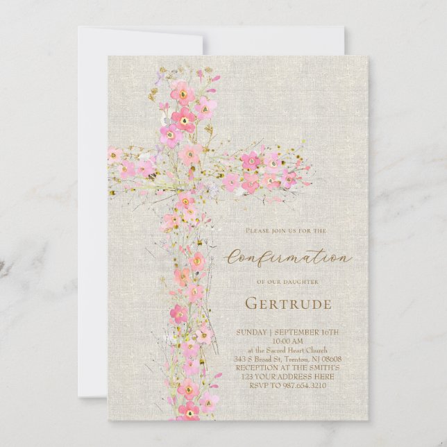 beige background pink flowers cross Confirmation Invitation (Front)