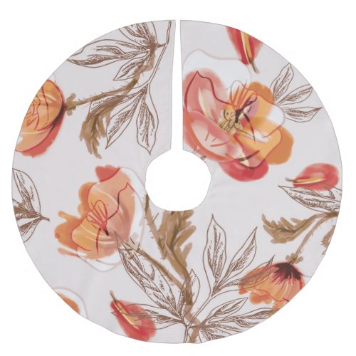 Beige Background Poppies Watercolor Pattern Brushed Polyester Tree Skirt