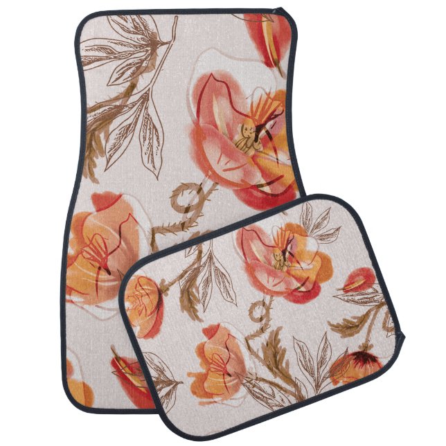 Beige Background Poppies Watercolor Pattern Car Floor Mat (Set)