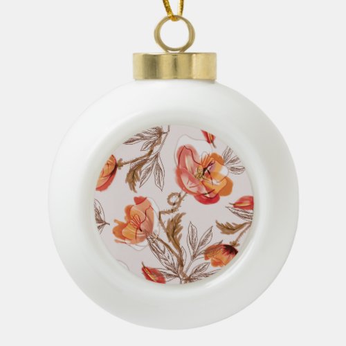 Beige Background Poppies Watercolor Pattern Ceramic Ball Christmas Ornament