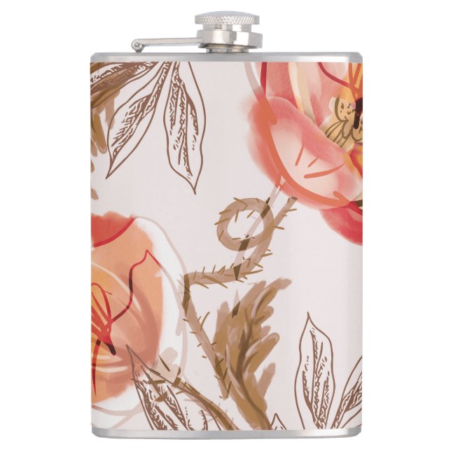 Beige Background Poppies Watercolor Pattern Flask (Front)