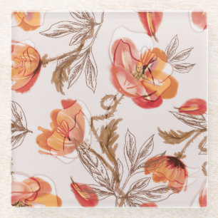 Beige Background Poppies Watercolor Pattern Glass Coaster