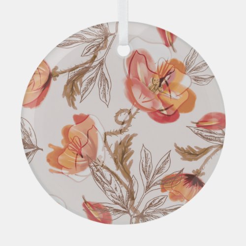 Beige Background Poppies Watercolor Pattern Glass Ornament