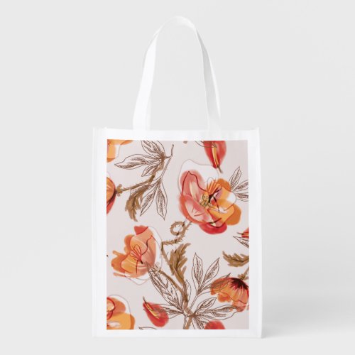 Beige Background Poppies Watercolor Pattern Grocery Bag