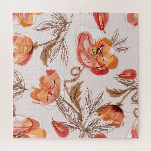 Beige Background Poppies Watercolor Pattern Jigsaw Puzzle