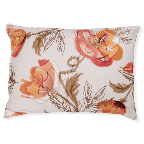 Beige Background Poppies Watercolor Pattern Pet Bed
