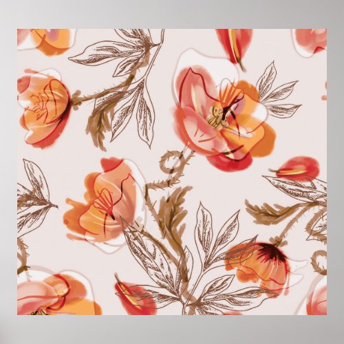 Beige Background Poppies Watercolor Pattern Poster