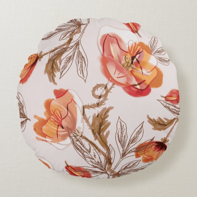 Beige Background Poppies Watercolor Pattern Round Pillow (Front)