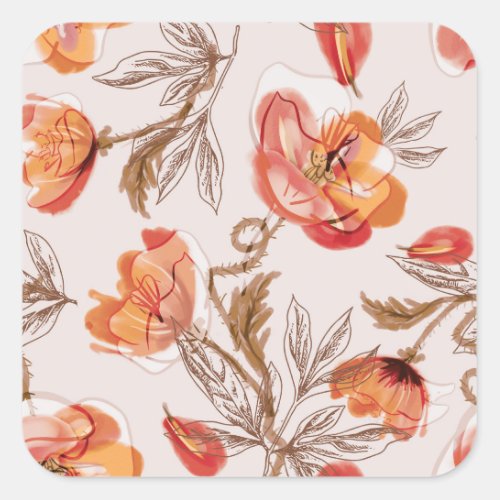 Beige Background Poppies Watercolor Pattern Square Sticker