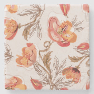 Beige Background Poppies Watercolor Pattern Stone Coaster