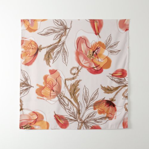 Beige Background Poppies Watercolor Pattern Tapestry