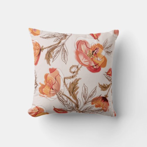 Beige Background Poppies Watercolor Pattern Throw Pillow