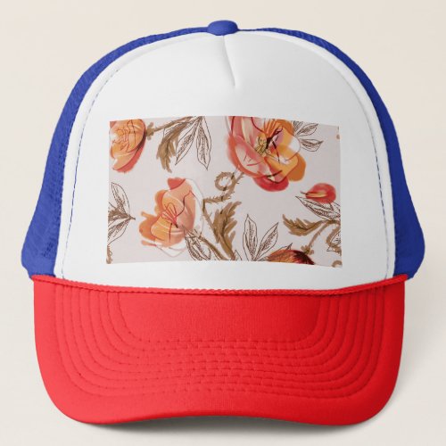 Beige Background Poppies Watercolor Pattern Trucker Hat