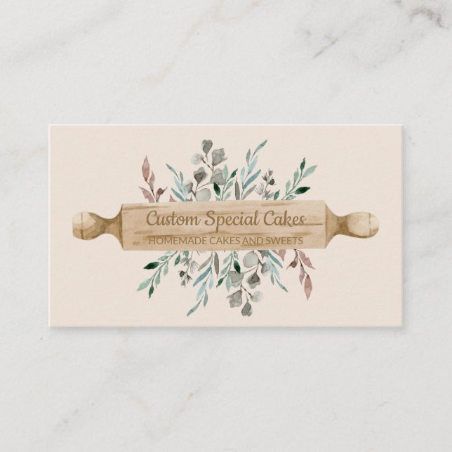 Beige Bakery Cooking Rolling Pin Pastry Chef Business Card (Front)