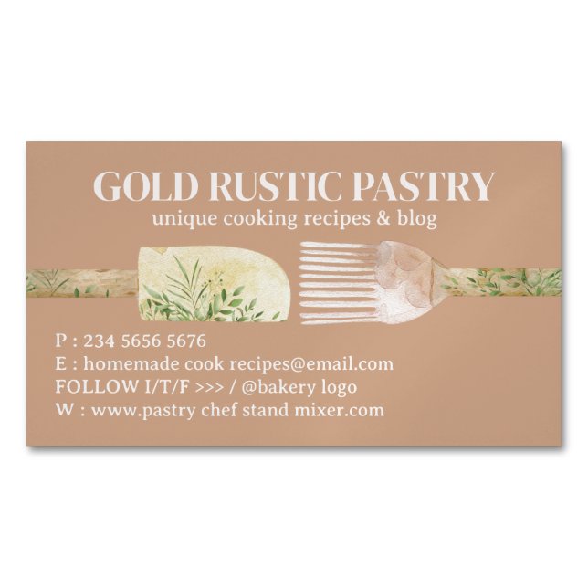 Beige Bakery Pastry Chef Baking Utensils Business Card Magnet (Front)
